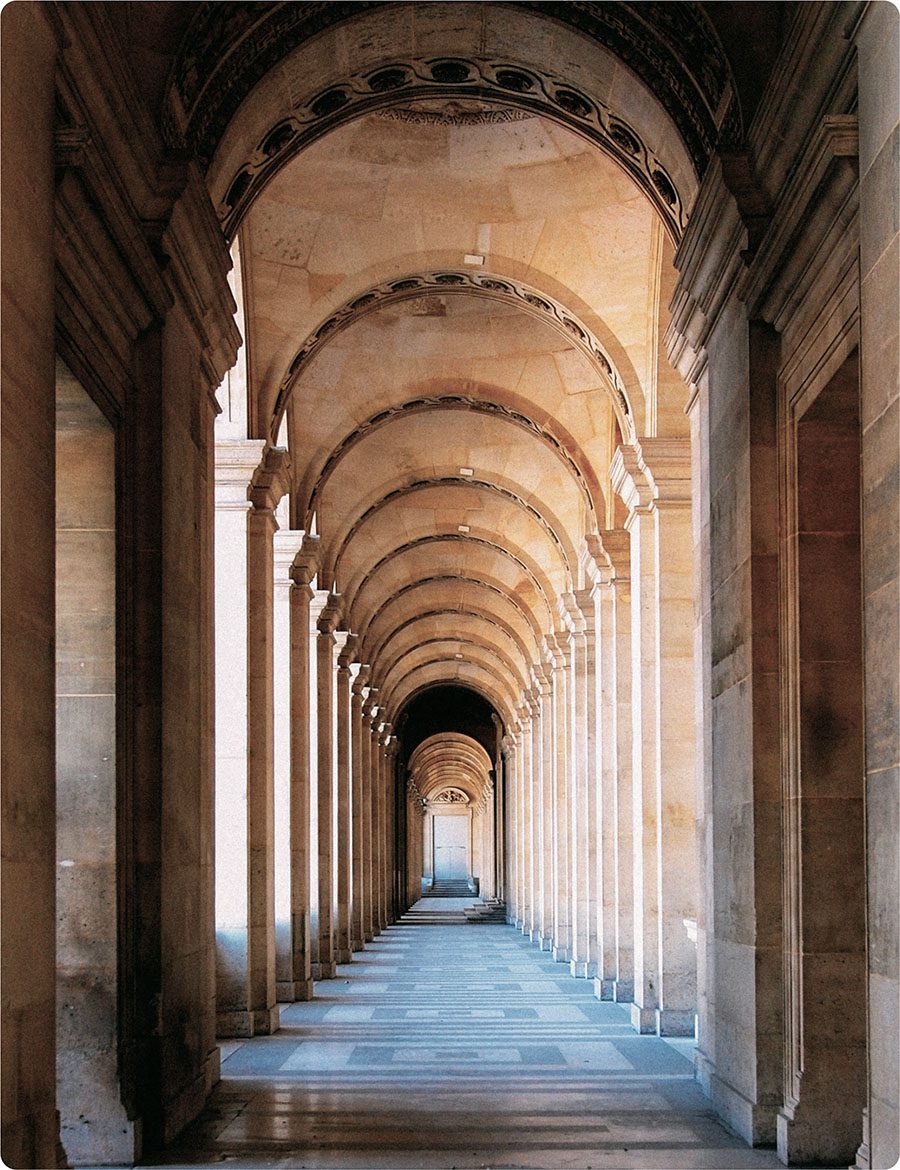 A hallway in an old architectural style